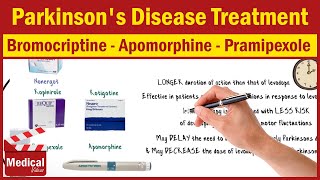 Pharmacology CNS 4 Parkinsons Disease Treatment  2 Bromocriptine  Apomorphine  Pramipexole [upl. by Earahc162]