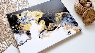 BLACK AND WHITE WITH GOLD DUTCH POUR PAINTING Fluid Art Acrylic Pouring Amazing Result [upl. by Halivah]