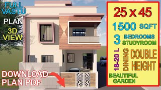 25 x 45 East facing Duplex House Design 3 BHK Ghar ka naksha vastu plan 3D walkthrough and interior [upl. by Marks]