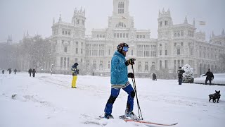 Madrid sees heaviest snowfall in 50 years as storms snarl travel in Spain [upl. by Nalyak424]