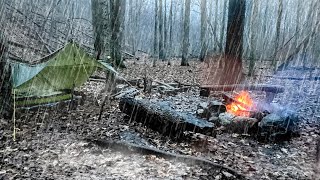 CAMPING IN THE RAIN  Alone in the Woods  SOLO Tarp Camping [upl. by Lahpos]