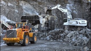 Liebherr R966  Volvo L350F working on Metso Crushers in quarry [upl. by Hooker857]