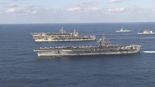 US Navy Three Carrier Formation in Western Pacific Ocean [upl. by Evans976]