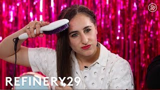 Straightening Brush Vs Flat Iron On Curls  Beauty In A Snap  Refinery29 [upl. by Ynnelg215]