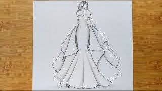 How to draw a girl with Beautiful Dress for Beginners  pencil sketch step by step [upl. by Notneuq227]