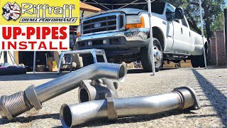 2001 F350 73  RiffRaff UpPipes Install  Stock up pipes leaking and falling apart JUNK SP [upl. by Gasperoni]