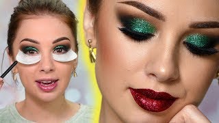 Sparkly Christmas Makeup Tutorial  Green Glitter Smokey Eye [upl. by Alinna448]