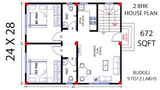 24 X 28 HOUSE PLAN  24 X 28 BUILDING PLAN  672 SQFT GHAR KA NAKSHA  2 BHK HOUSE PLAN [upl. by Tine]