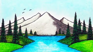 How to Draw Beautiful Mountain Lake  Easy Scenery Drawing [upl. by Ennahoj]