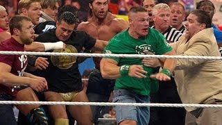 John Cena and Brock Lesnar get into a brawl that clears the entire locker room Raw April 9 2012 [upl. by Stich]