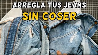 Arregla jeans rotos SIN COSER  cómo reparar pantalones rotos de las entrepierna  Ame Mayén [upl. by Langer131]