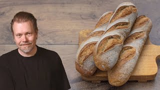 Easy Sourdough Baguettes Recipe  Baguette Master Class  Foodgeek Baking [upl. by Ydac]